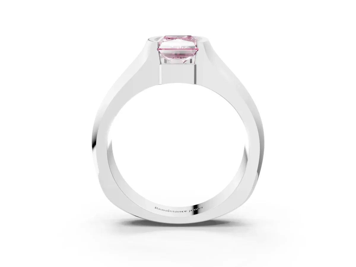 Fancy Pink Radiant Cut Solitaire Bezel Set Diamond Ring with Wide Band Platinum