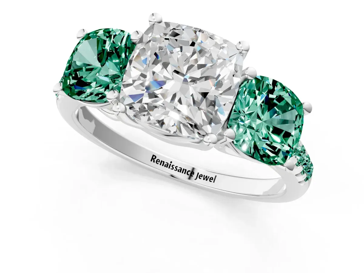 Three-Stone Cushion Cut Diamond Ring with Round Green Sapphire Pavé Band and Prong Setting Silver
