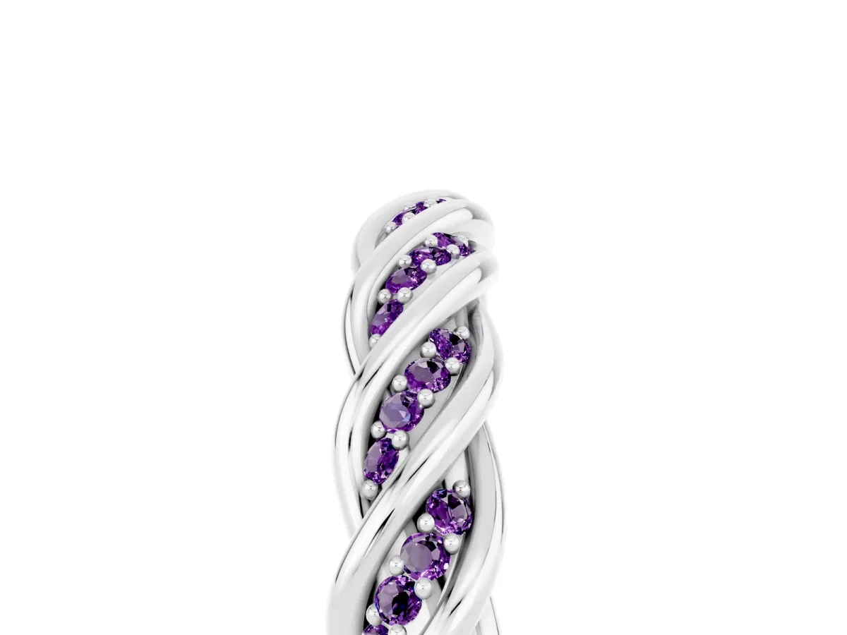 Twisted Pavé Round Amethyst Eternity Band with Shared Prong Setting White gold