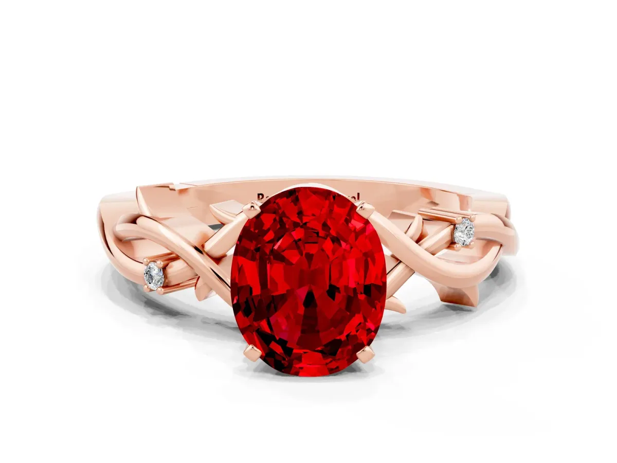 Oval Cut Ruby Solitaire Ring with Twisted Band and Prong Setting Rose gold