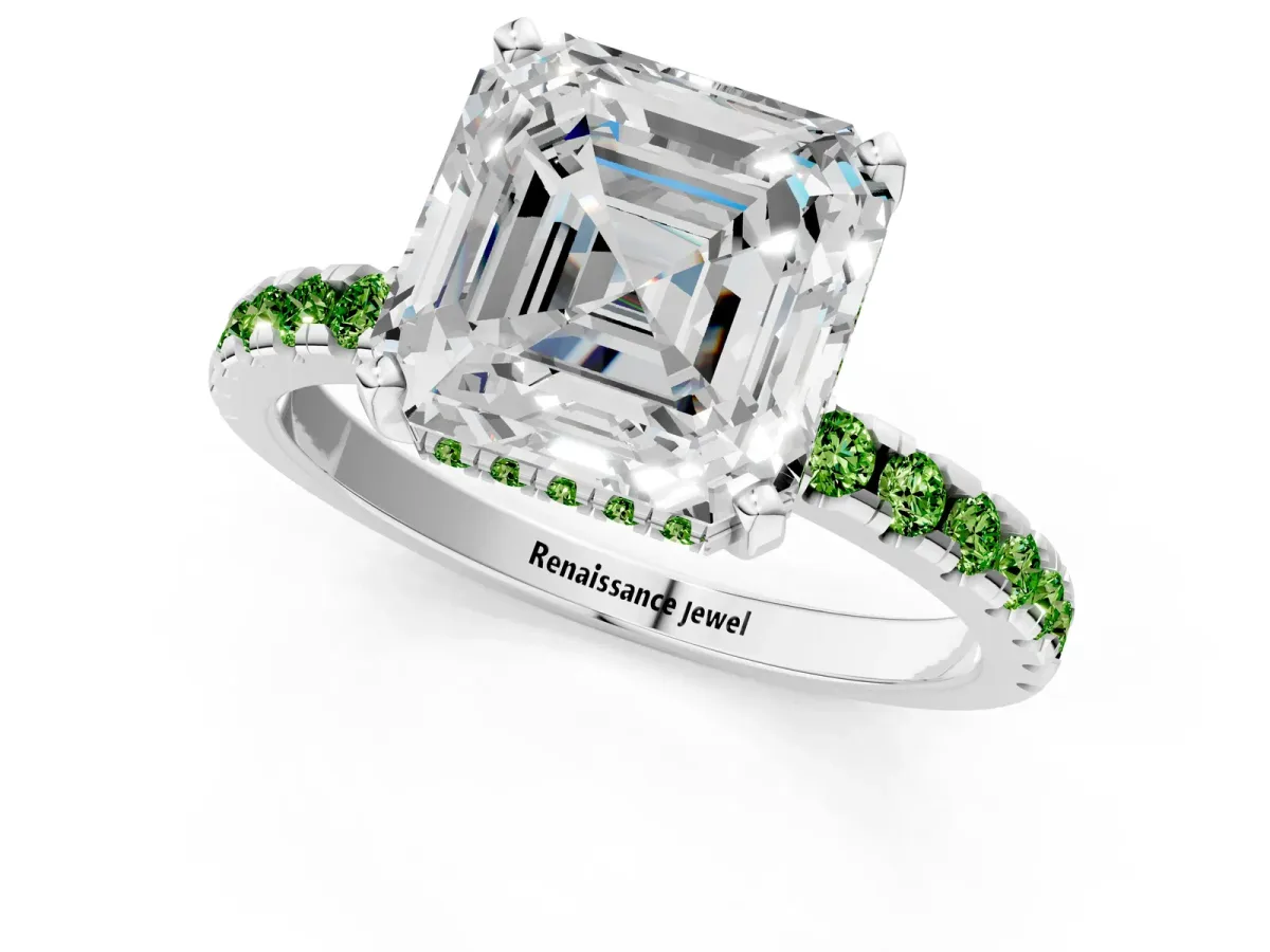 Asscher Cut Diamond Solitaire Ring with Round Peridot Pavé Band and Four-Prong Setting Silver