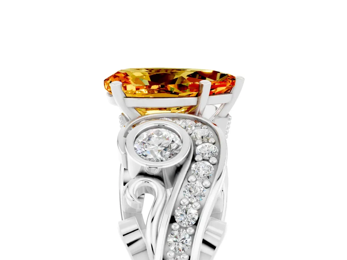 Pear Cut Citrine Solitaire Ring with Milgrain Pavé Band and Four-Prong Setting Silver