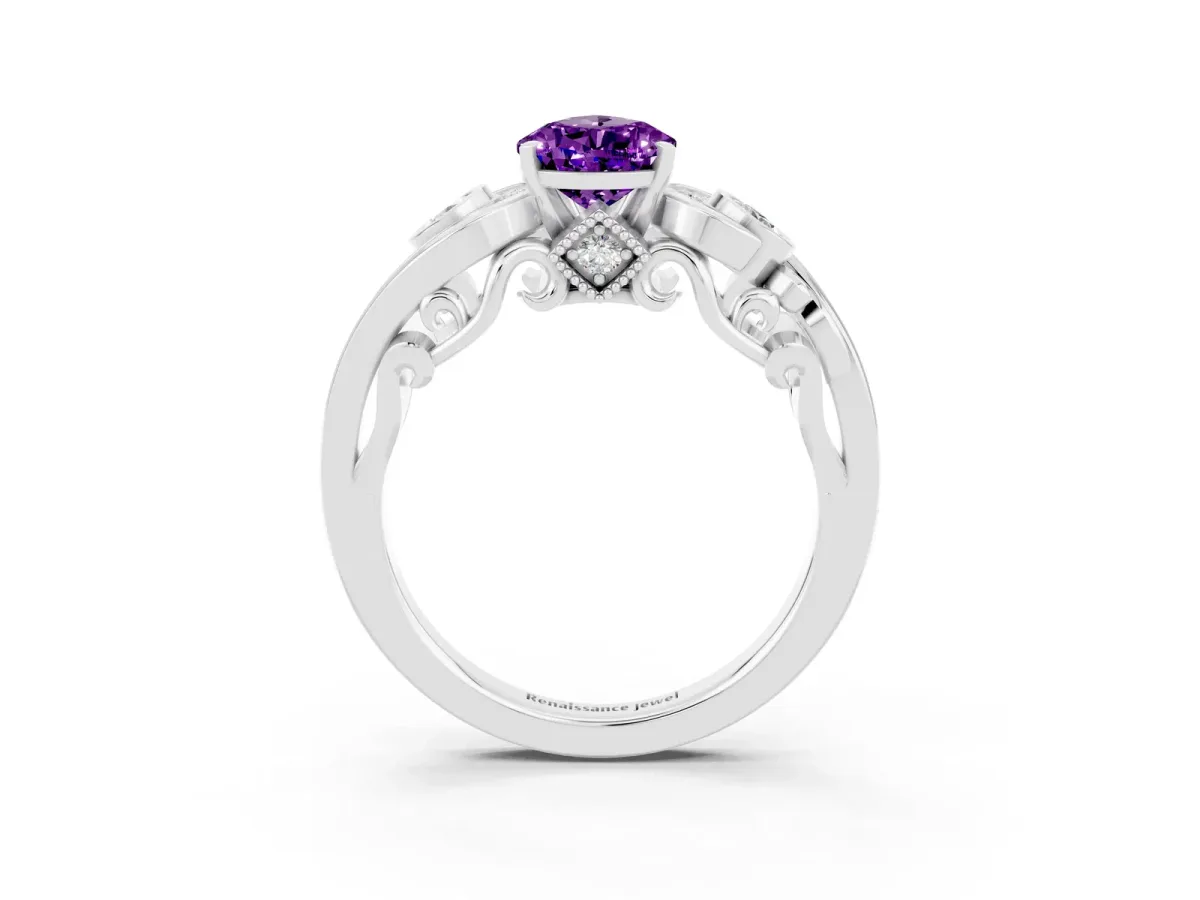 Pear Cut Amethyst Solitaire Ring with Milgrain Pavé Band and Four-Prong Setting Silver
