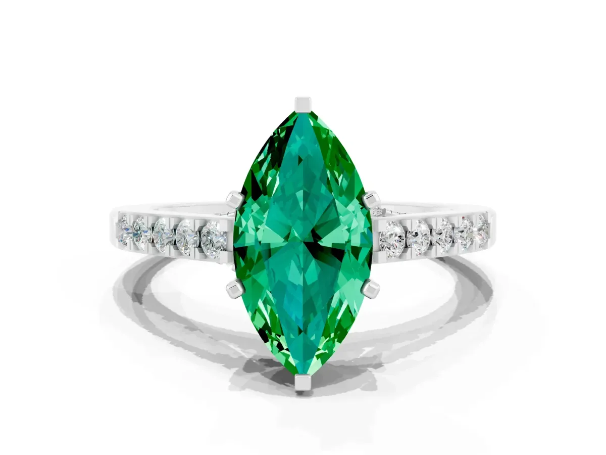 Marquise Cut Emerald Solitaire Ring with Crossover Gallery and Round Pavé Band Silver