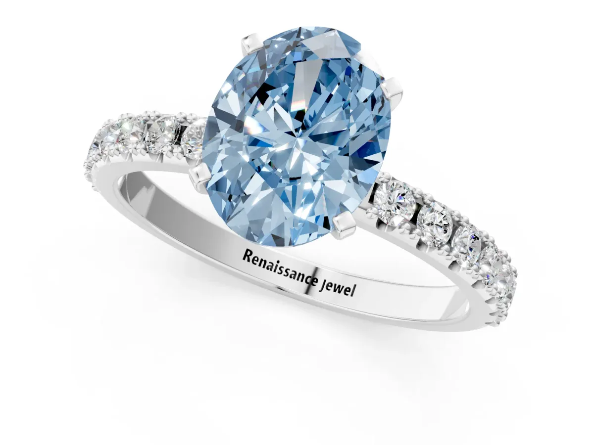Fancy Blue Oval Cut Diamond Solitaire Pavé Band with Four-Prong Setting Silver