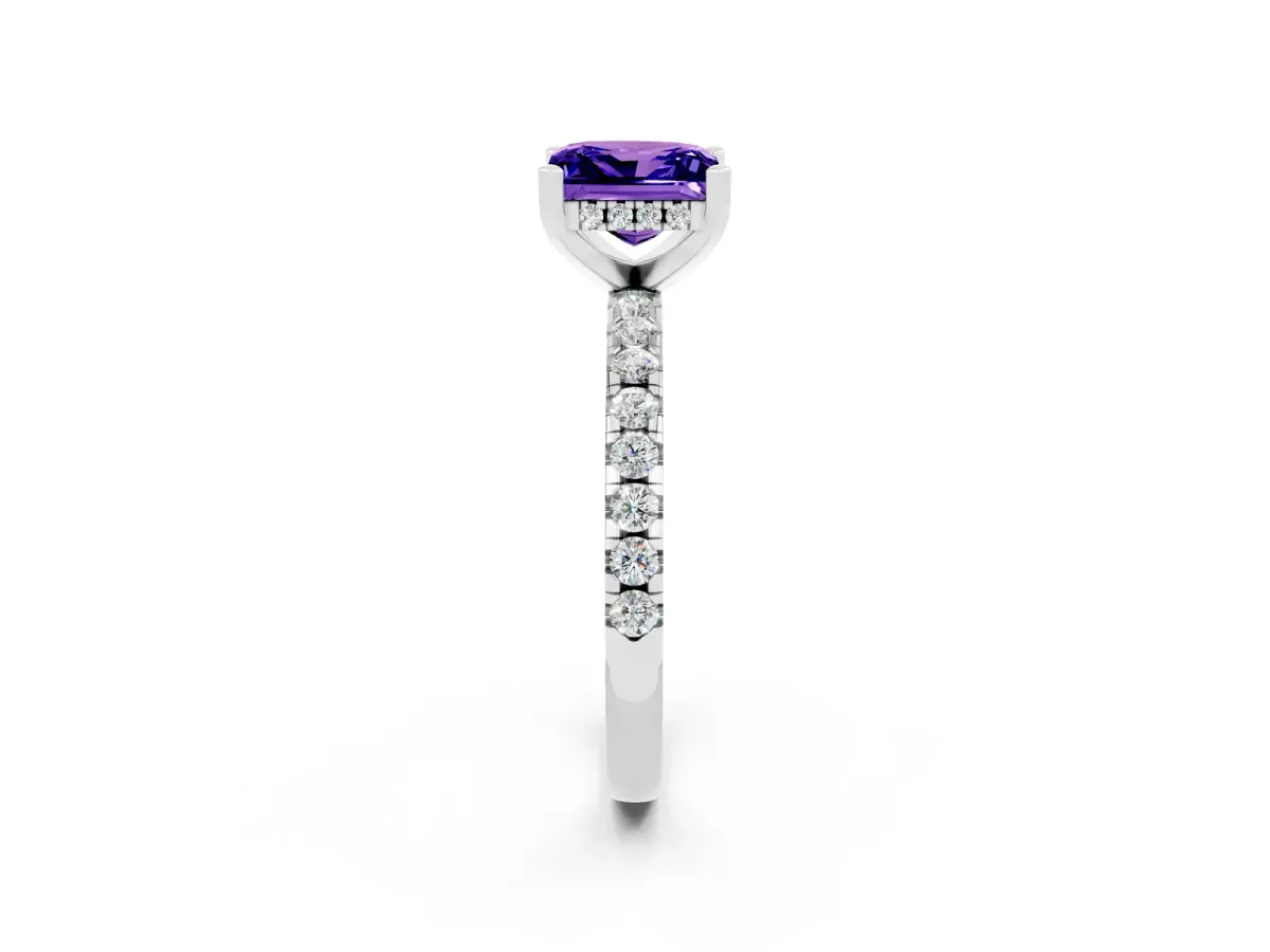 Princess Cut Tanzanite Solitaire Ring with Round Pavé Band and Four-Prong Setting Silver