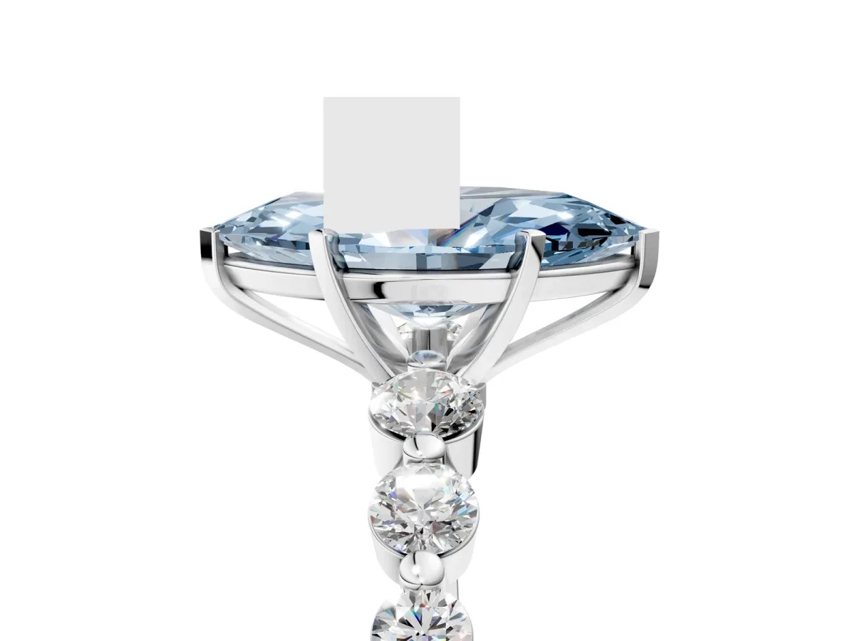 Fancy Blue Marquise Cut Solitaire Diamond Ring with Pave Band and Four-Prong Setting Silver