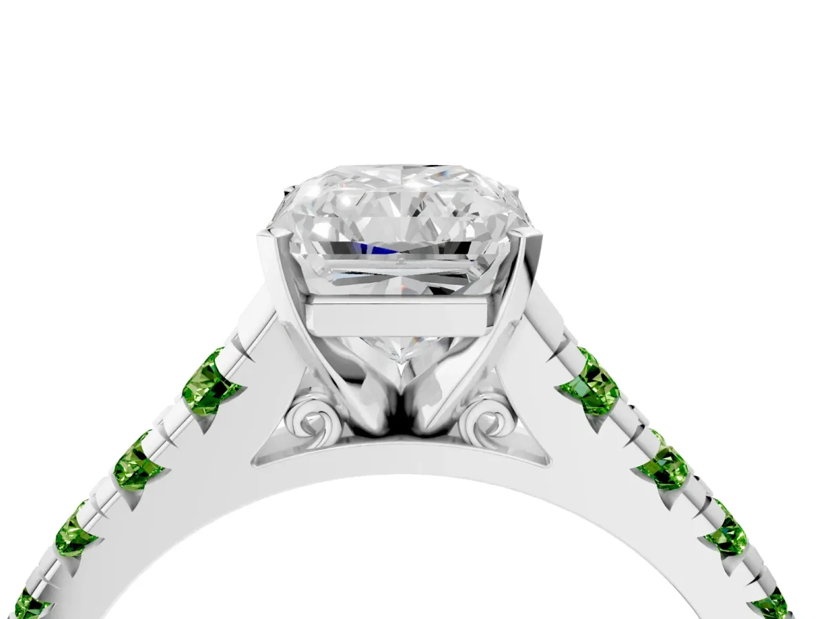 Radiant Cut Diamond Cathedral Solitaire Ring with Round Peridot Pavé Band Silver