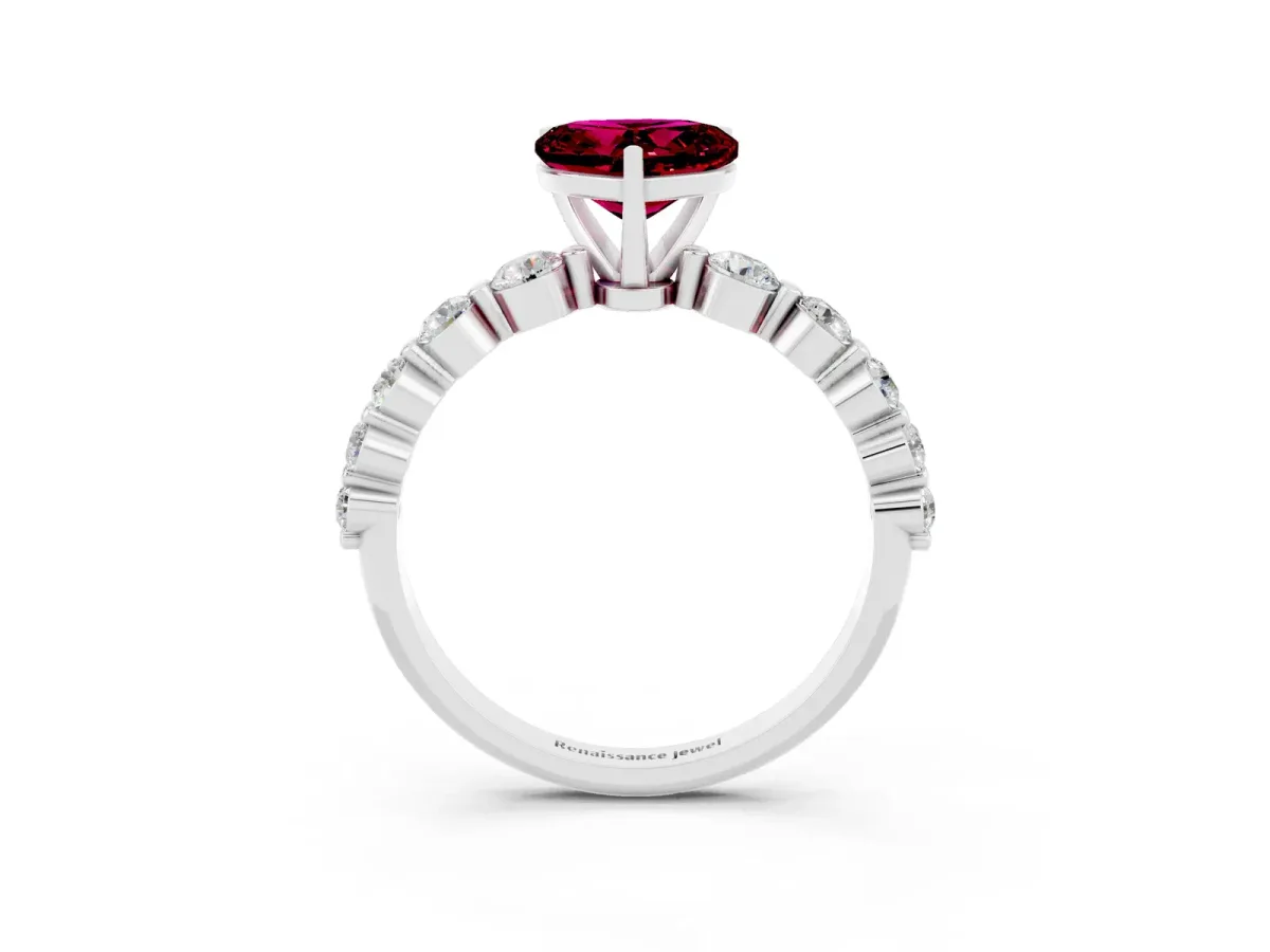 Heart Cut Solitaire Garnet Ring with Pave Band and Four-Prong Setting Platinum