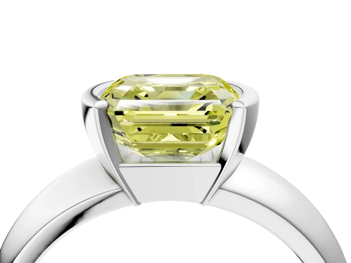 Fancy Yellow Asscher Cut Solitaire Tension Set Diamond Ring with Wide Band Platinum