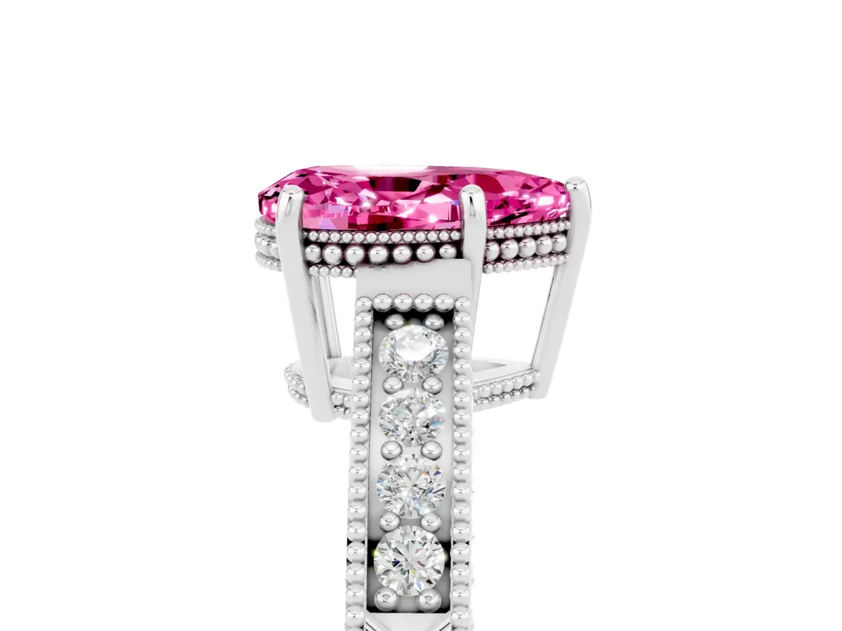 Pear Cut Pink Sapphire Ring with Milgrain Pavé Band and Four-Prong Setting Platinum
