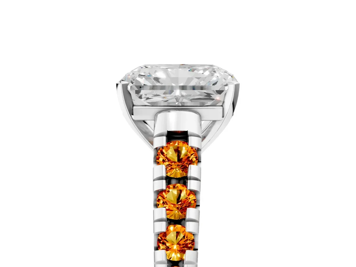 Radiant Cut Diamond Cathedral Solitaire Ring with Round Citrine Pavé Band Silver