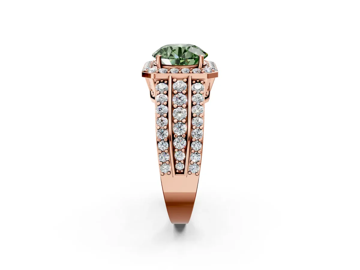 Fancy Green Round Cut Halo Diamond Ring with Round Split Shank and Prong Setting Rose gold