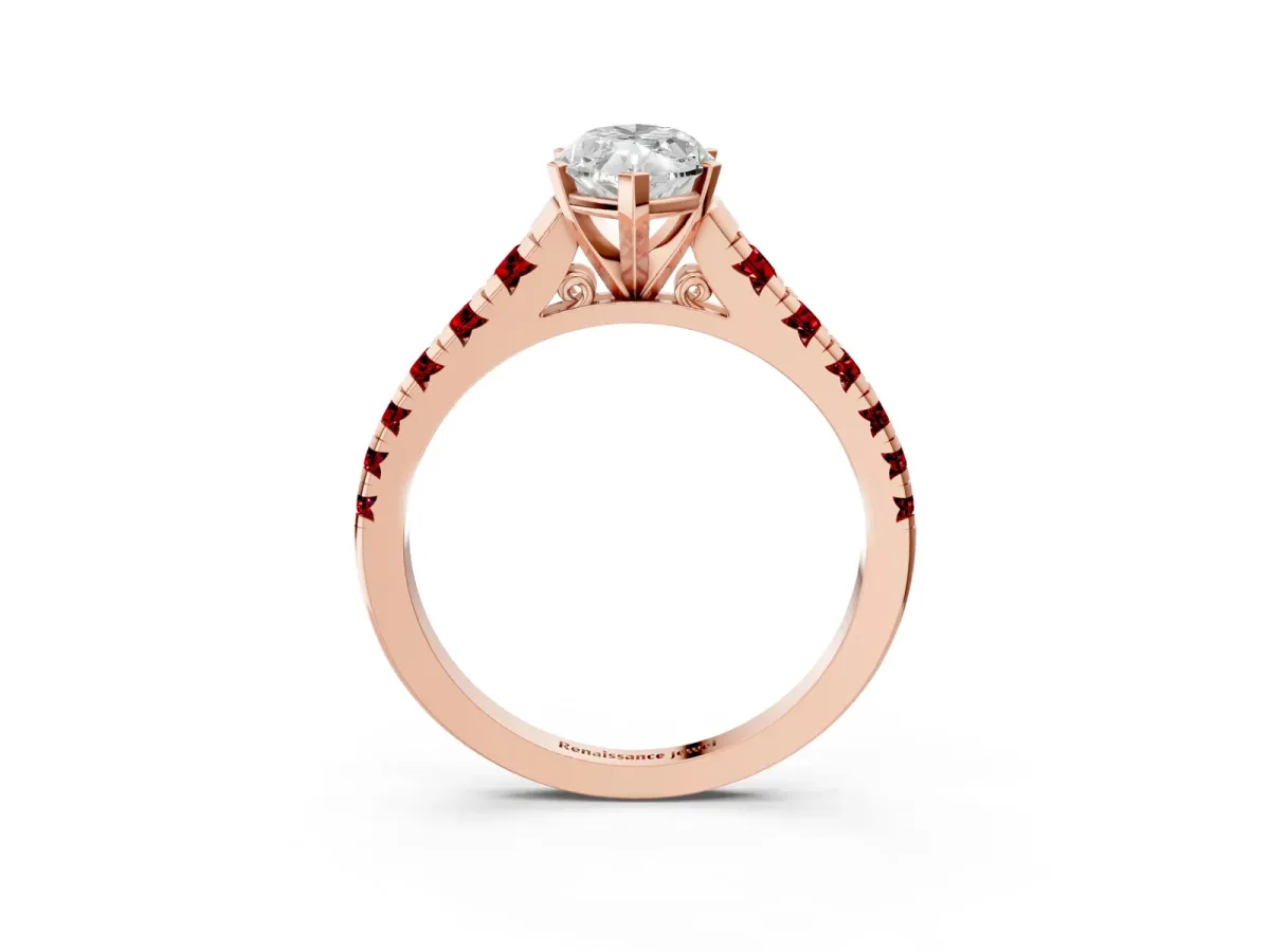Marquise Cut Diamond Cathedral Solitaire Ring with Round Ruby Pavé Band Rose gold