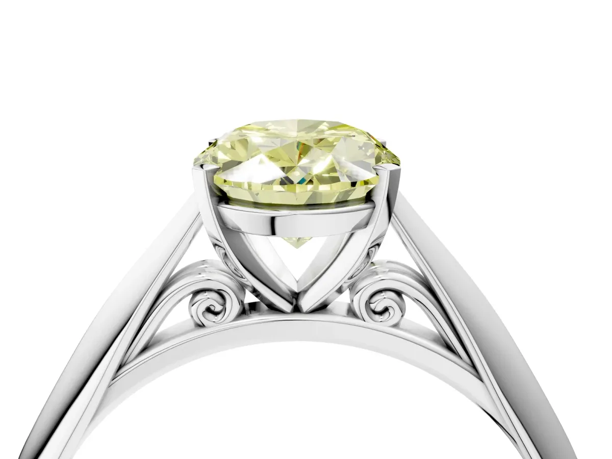 Fancy Yellow Oval Cut Diamond Solitaire Engagement Ring with Cathedral Setting and Four-Prong Mount Platinum