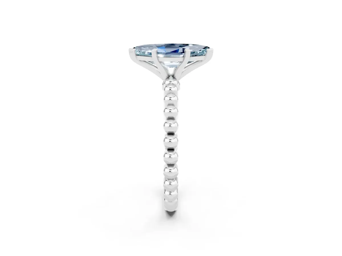 Marquise Cut Aquamarine Solitaire Ring with Beaded Band and Prong Setting Silver