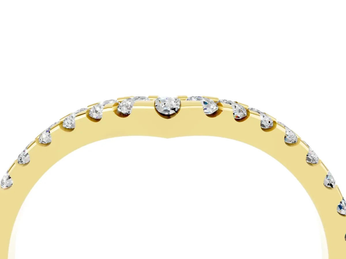 Pavé Round Moissanite Chevron Band with Shared Prong Setting Yellow gold