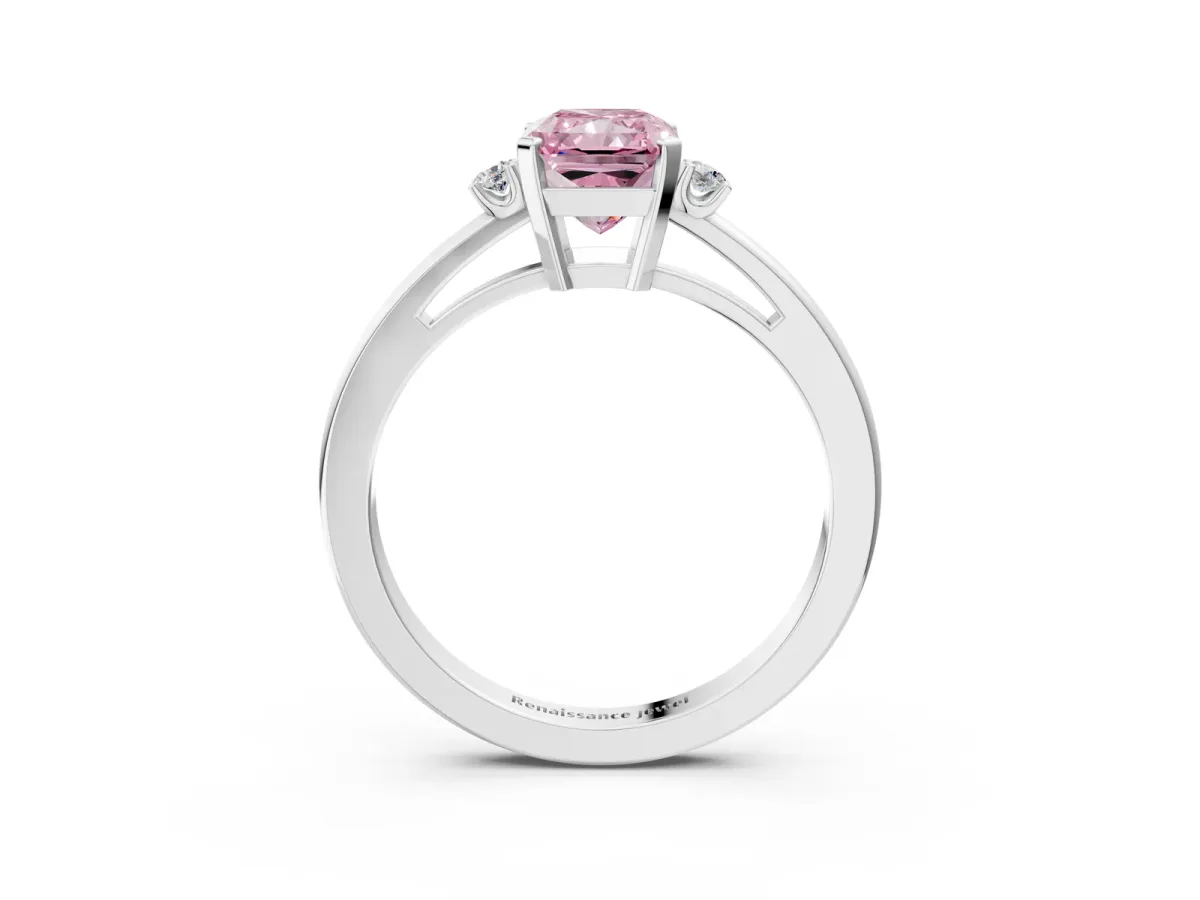 Fancy Pink Radiant Cut Cut Three-Stone Solitaire Ring with Round Accent Diamonds and Four-Prong Setting Platinum
