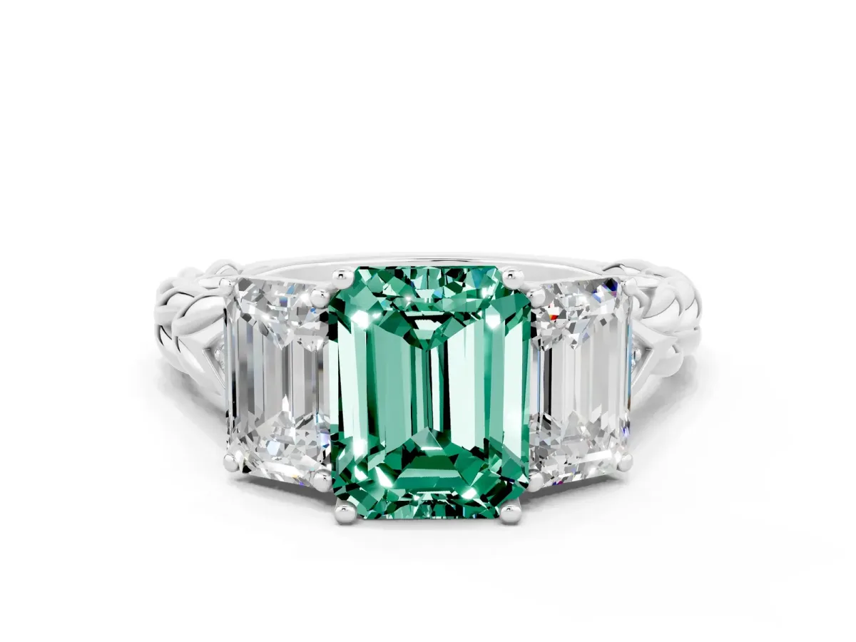 Three-Stone Emerald Cut Green Sapphire Braided Band Ring with Four-Prong Setting Silver