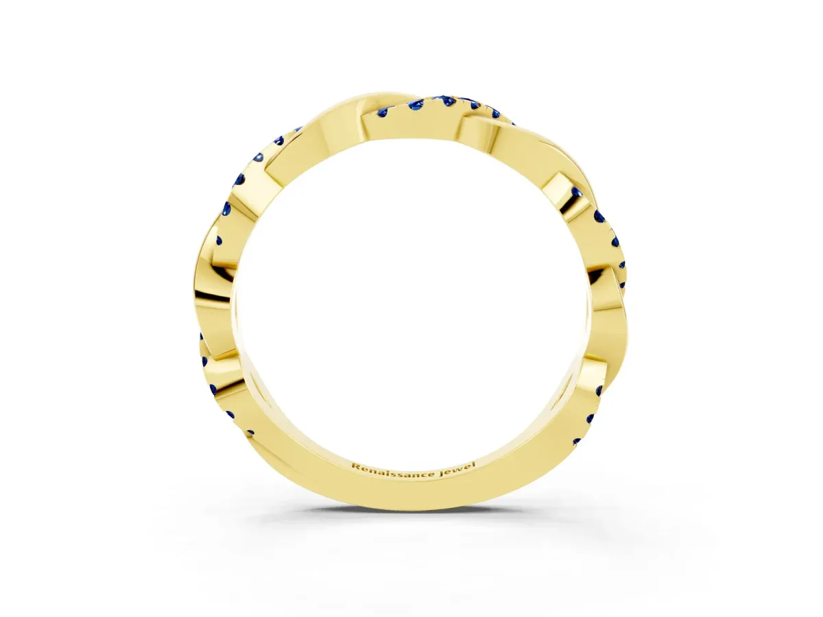 Round Blue Sapphire Twist Eternity Band with Pavé Setting Yellow gold