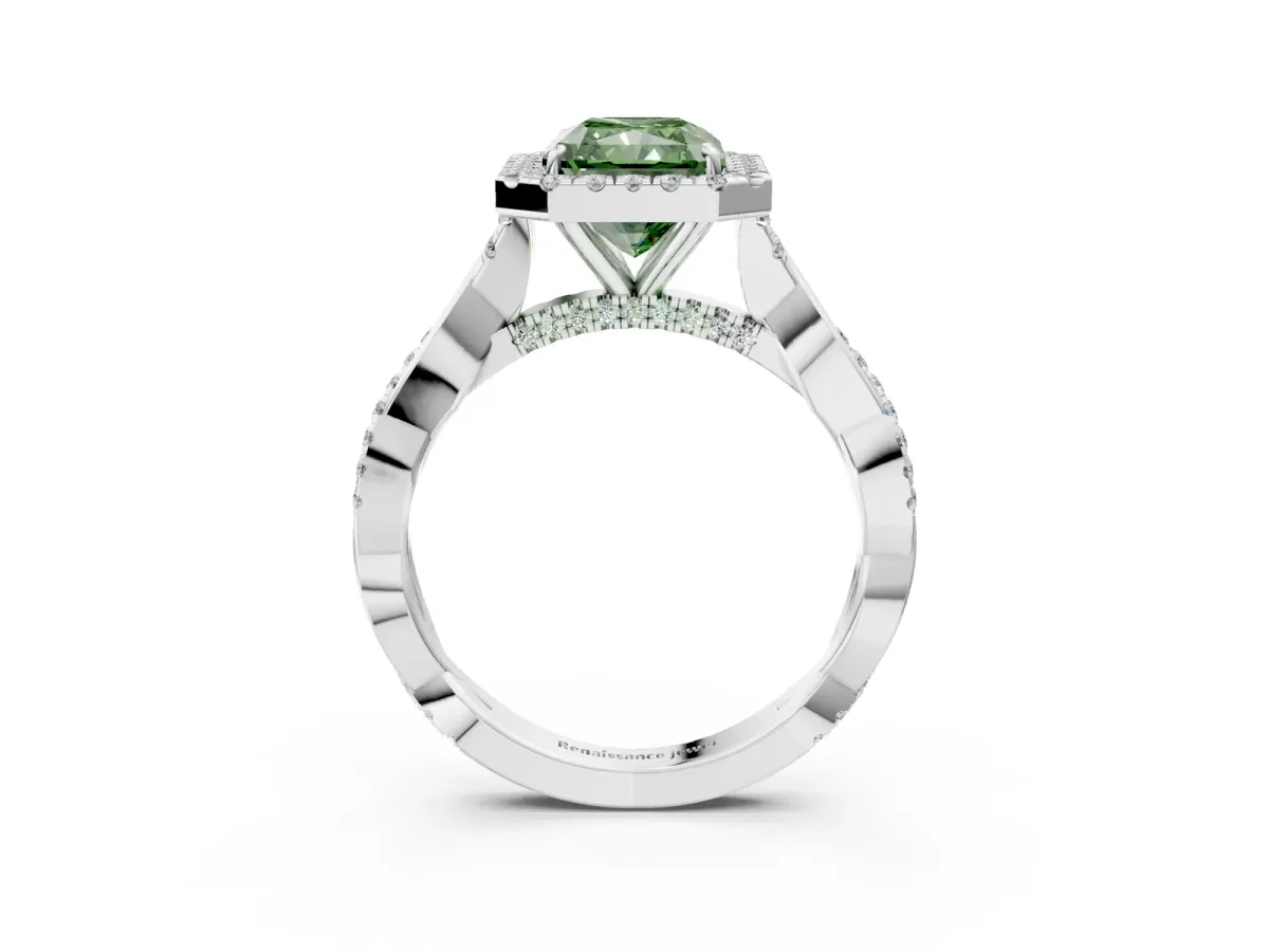 Fancy Green Radiant Cut Halo Twist Band Solitaire Ring Platinum