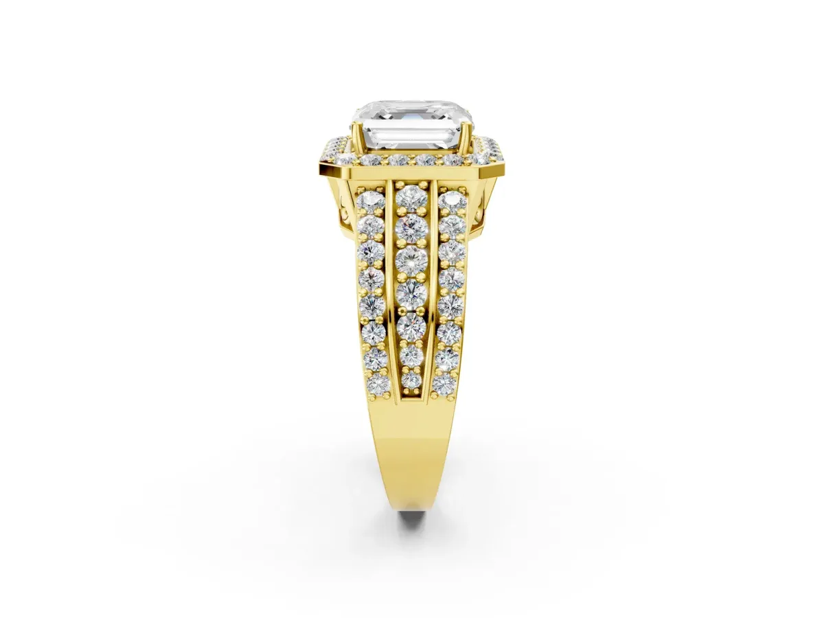 Asscher Cut Halo Diamond Ring with Round Split Shank and Prong Setting Yellow gold