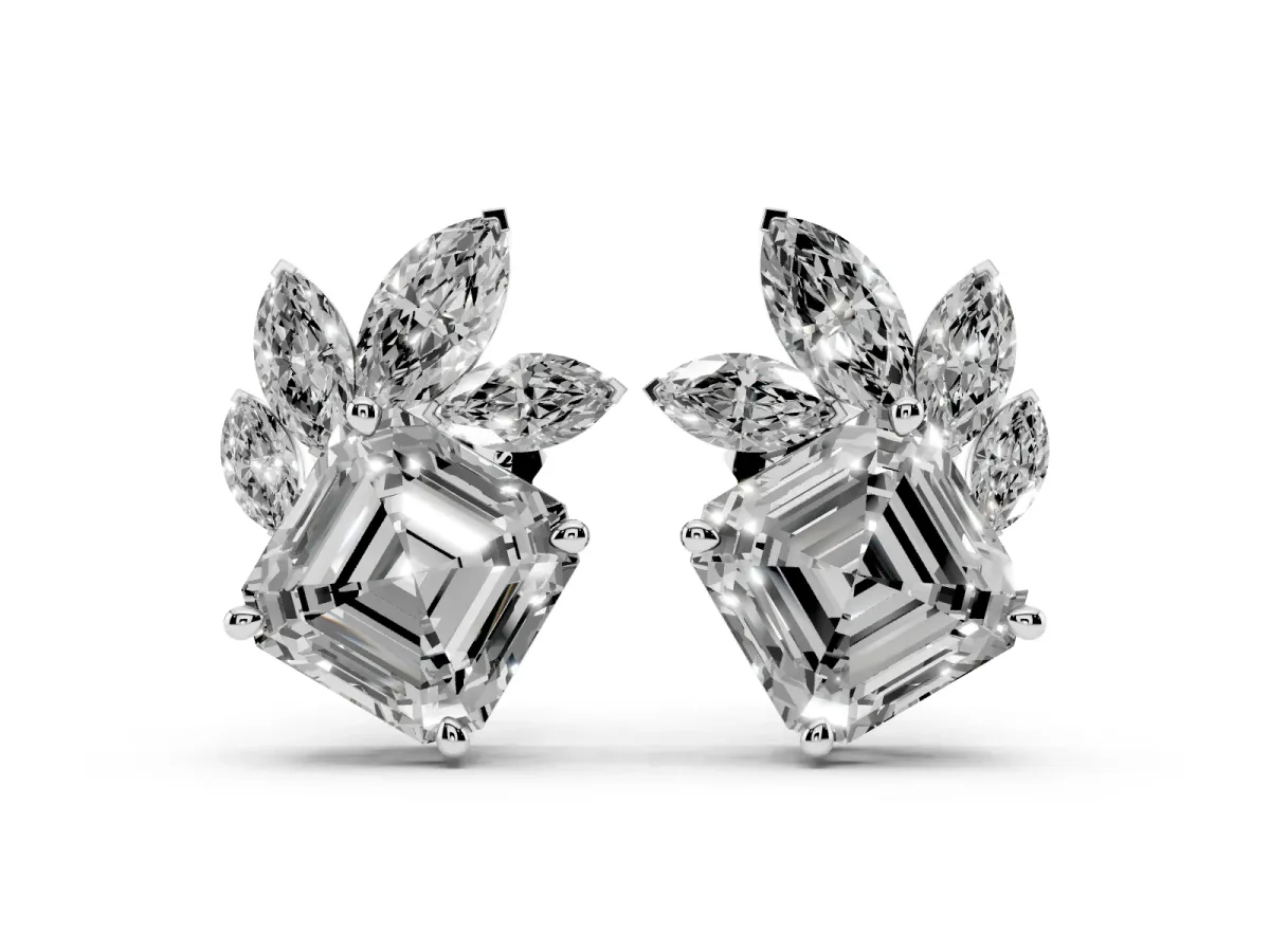 Asscher and Marquise Diamond Cluster Stud Earrings Platinum