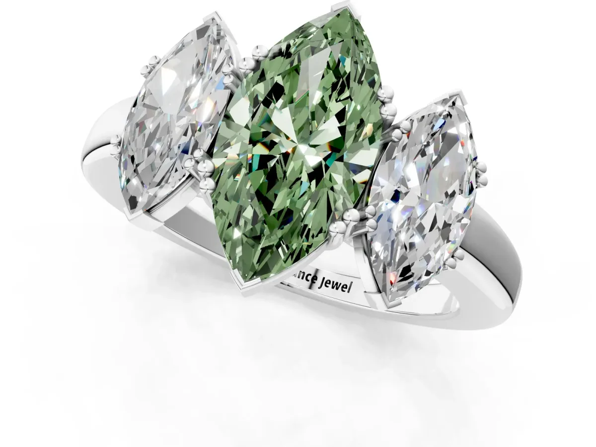 Fancy Green Three-Stone Marquise Cut Cut Diamond Ring with Channel Set Band and Four-Prong Setting Silver