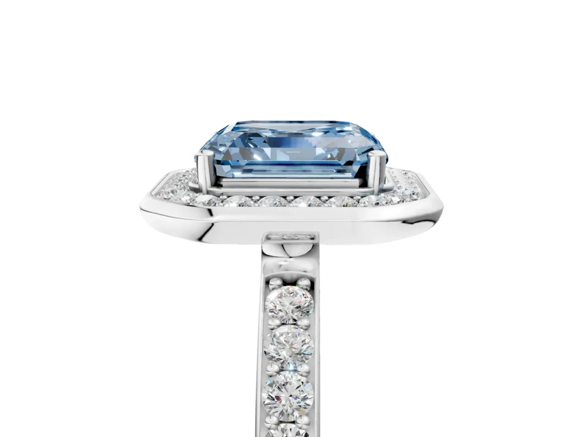 Fancy Blue Asscher Cut Diamond Halo Ring with Bezel Frame and Pavé Band Platinum