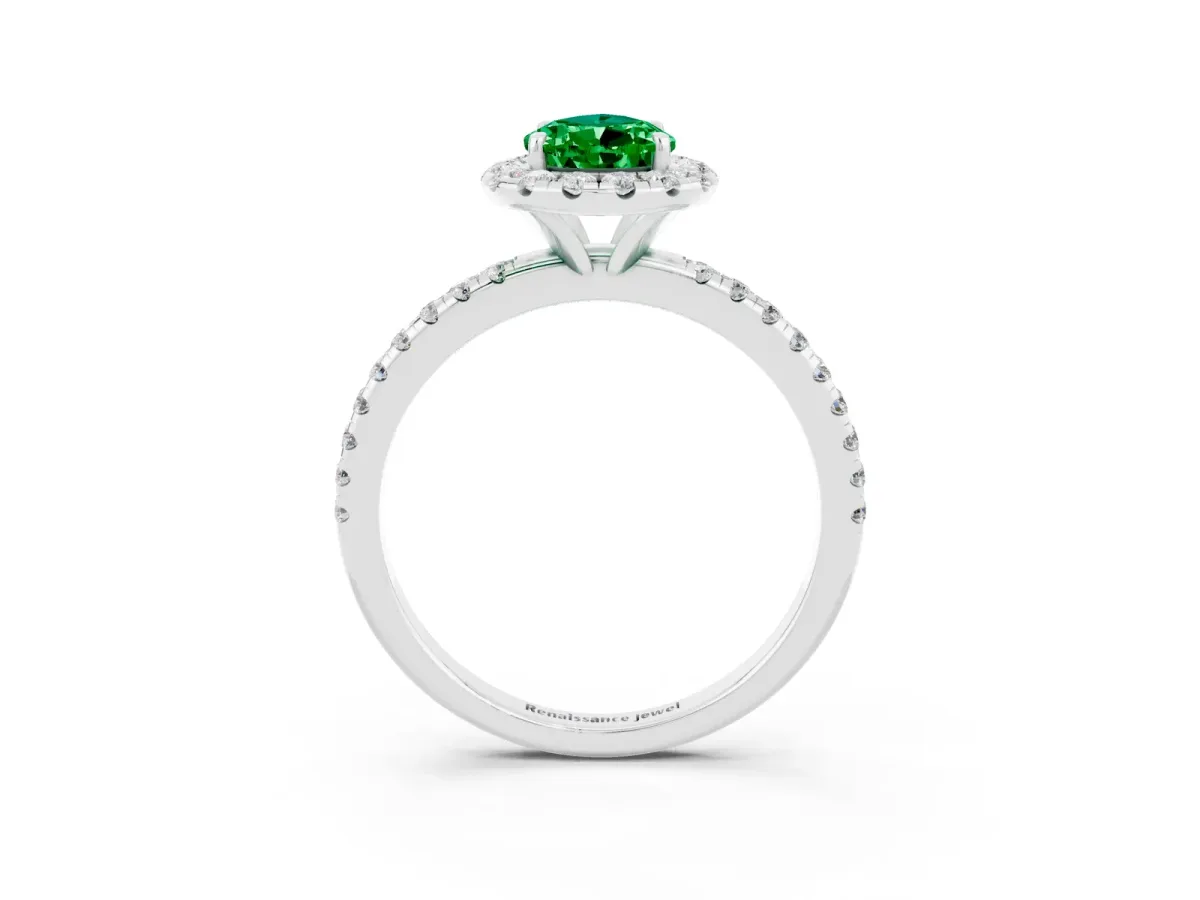 Pear Cut Emerald Halo Ring with Round Pavé Band and Prong Setting Platinum