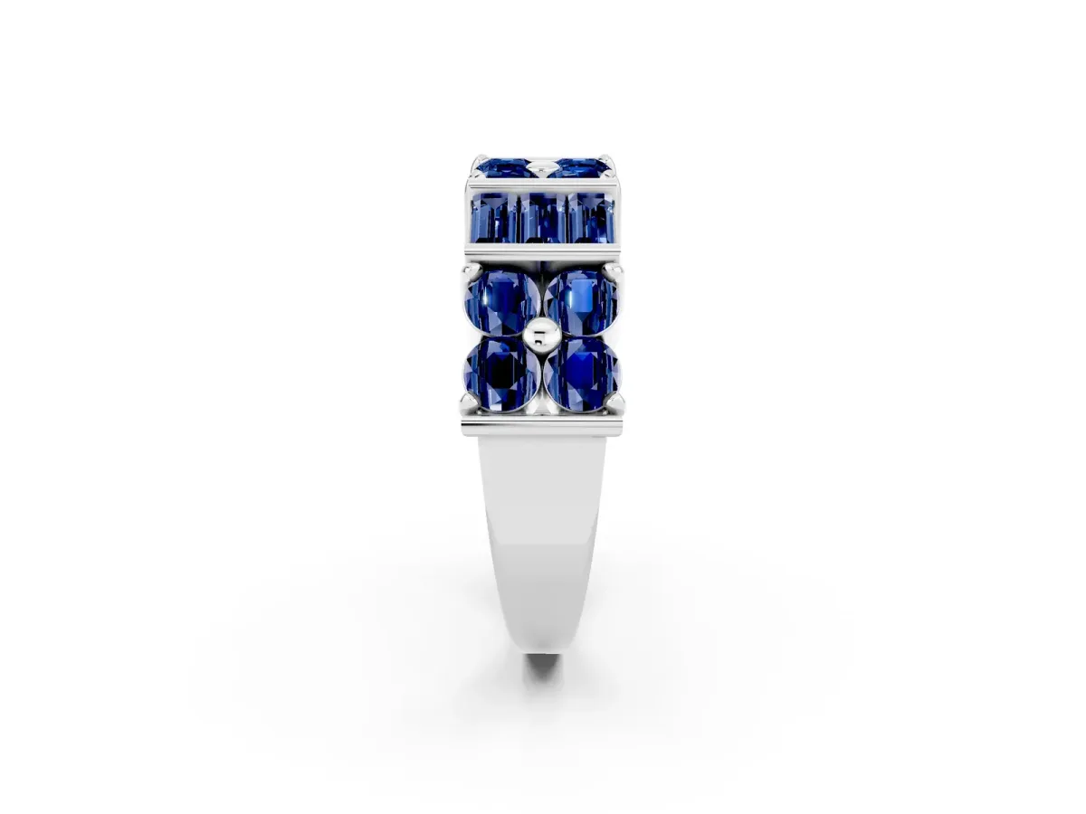Channel Set Round and Baguette Blue Sapphire Anniversary Band with Prong Setting Silver