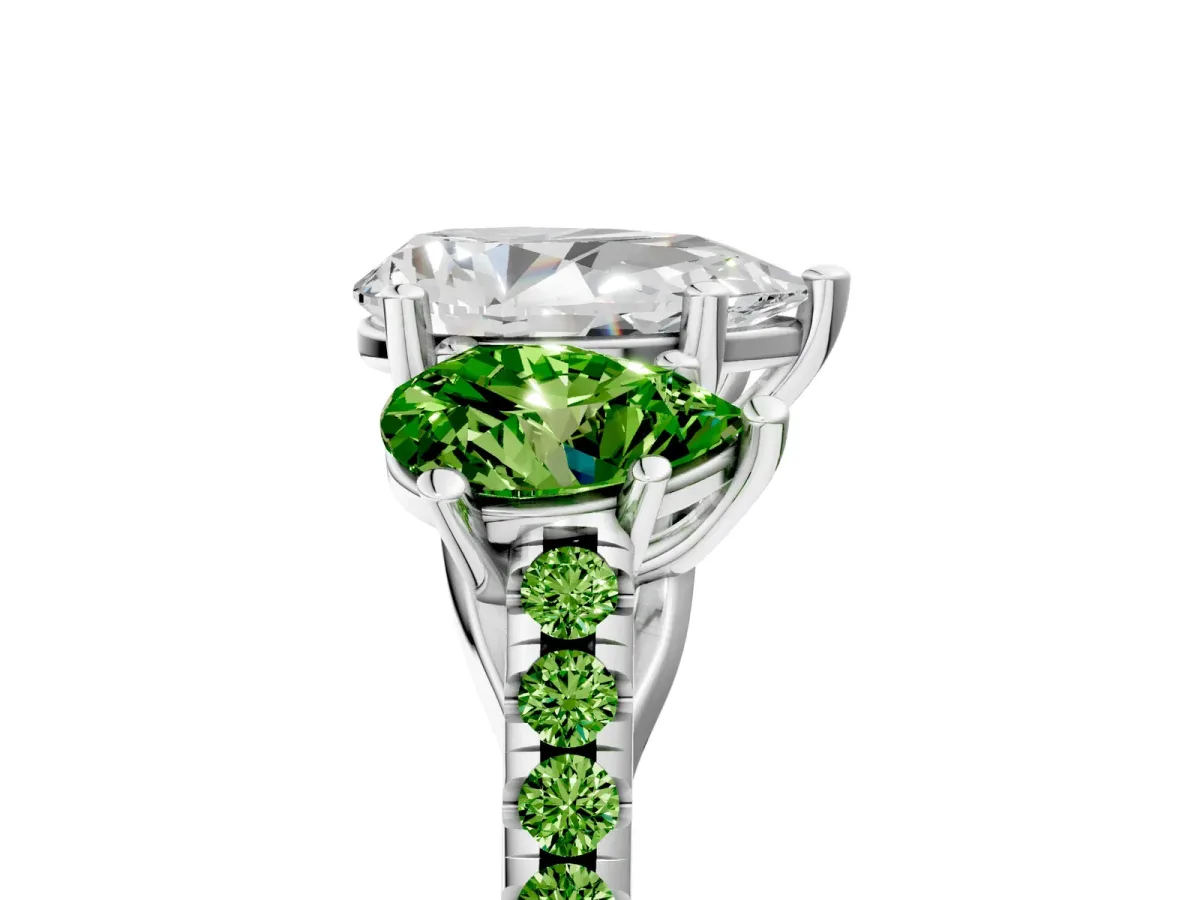 Three-Stone Pear Cut Diamond Ring with Round Peridot Pavé Band and Prong Setting Platinum