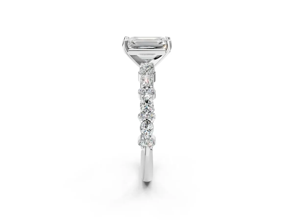 Emerald Cut Diamond Side Stone Solitaire Ring with Round and Four-Prong Setting Platinum