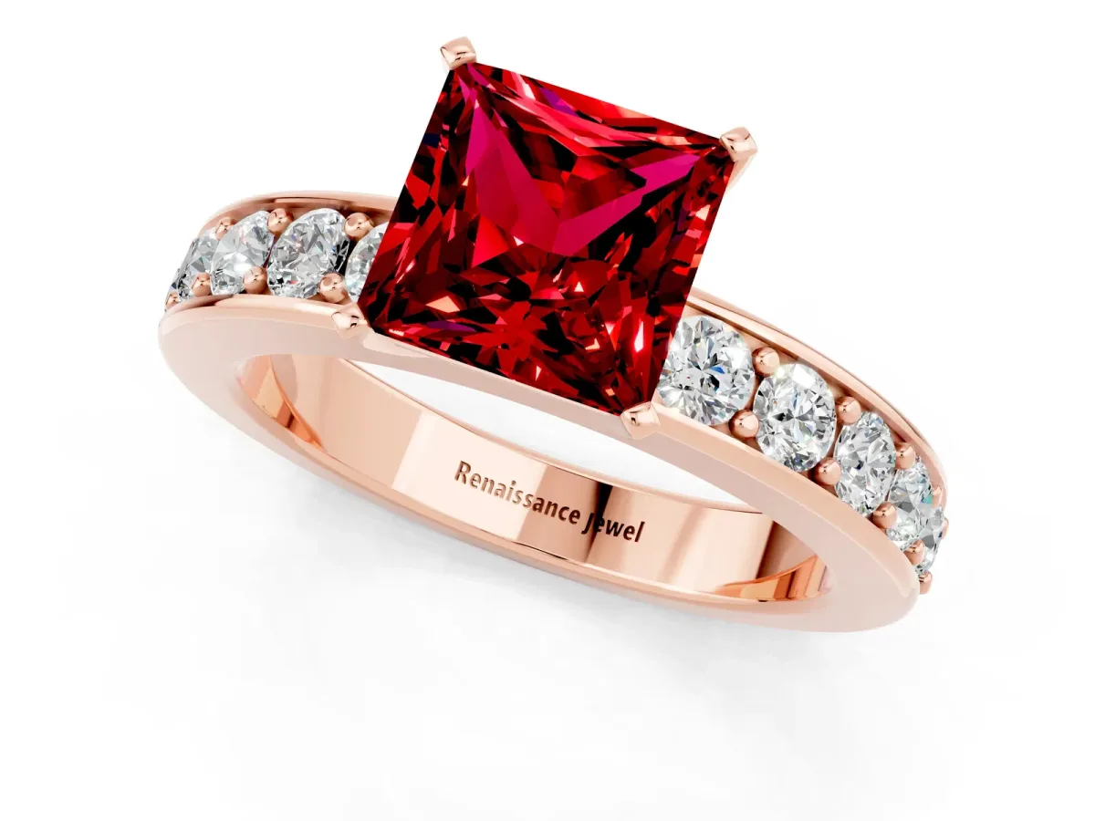 Princess Cut Ruby Engagement Ring with Channel Set Round Band and Prong Setting Rose gold