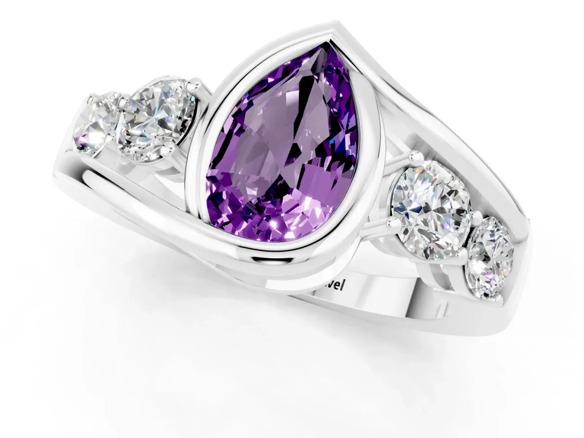 Bezel Set Pear Cut Amethyst Bypass Ring with Round Accents Platinum