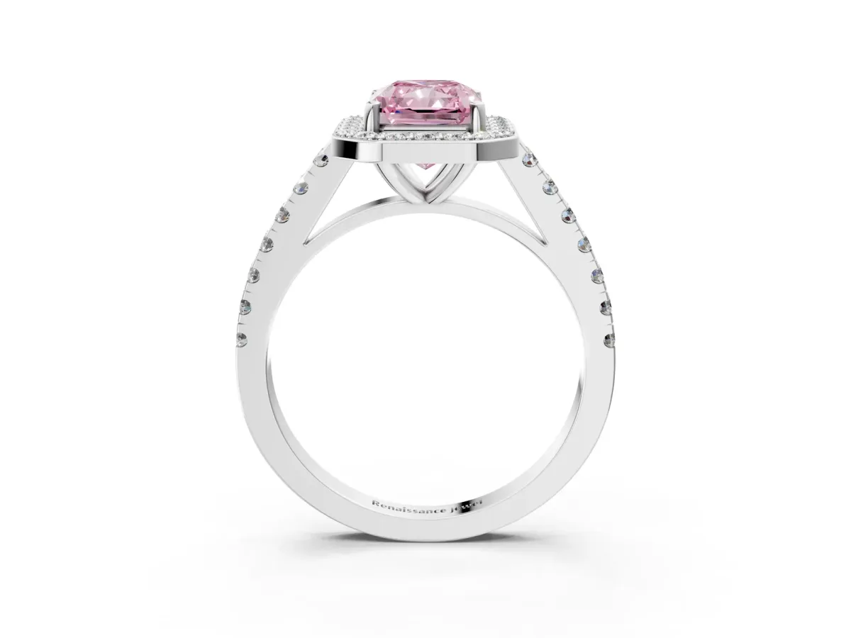 Fancy Pink Radiant Cut Diamond Halo Ring with Round Pavé Split Shank and Prong Setting Platinum