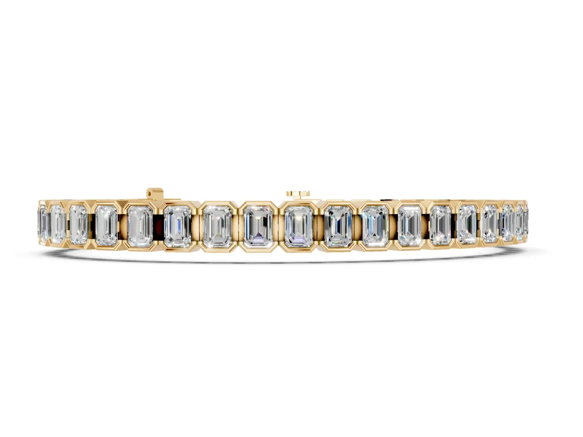 Emerald Cut Diamond Tennis Bracelet with Half Bezel Setting Yellow gold