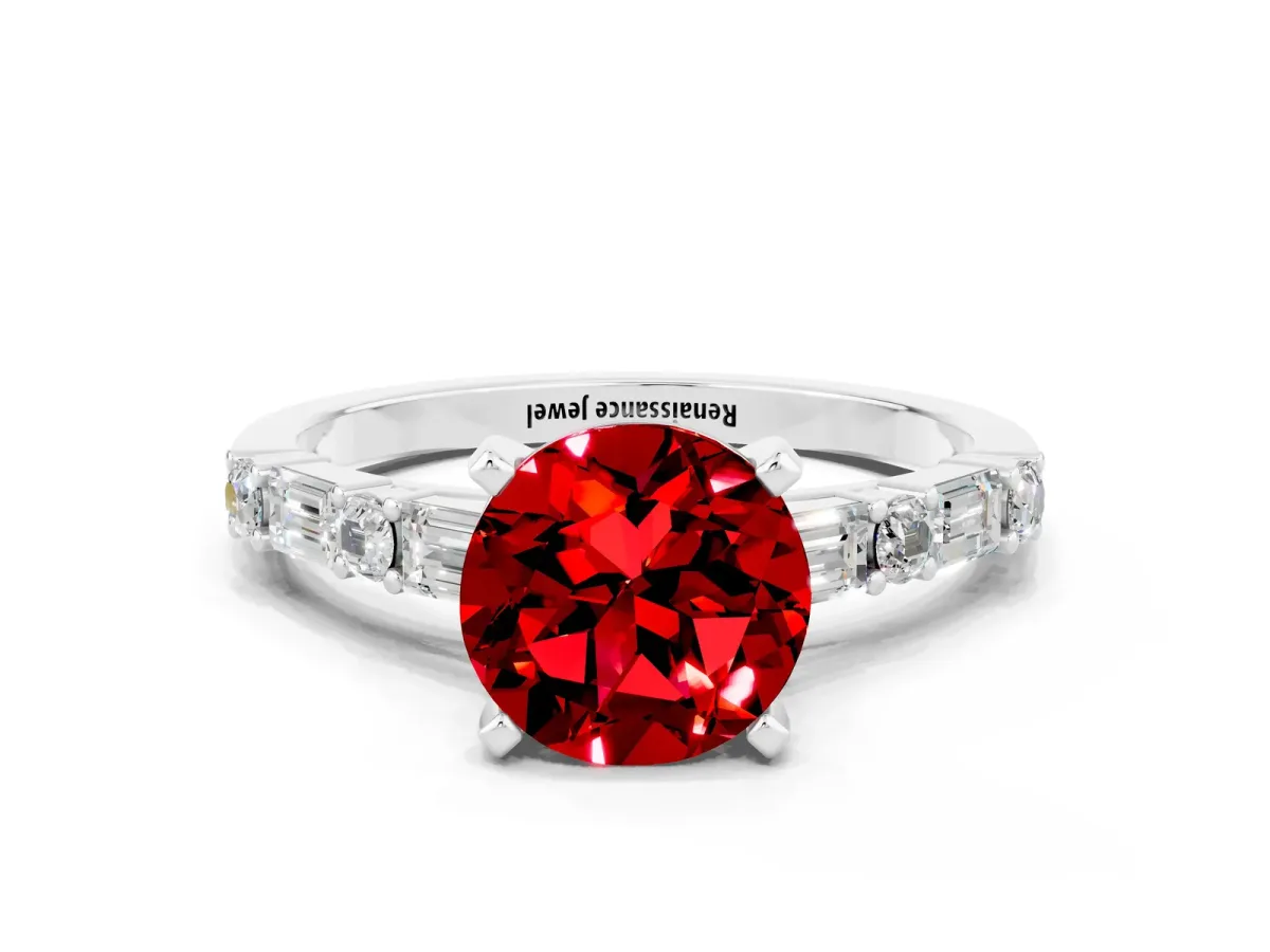 Round Cut Ruby Solitaire with Side Baguettes and Channel Set Band Platinum