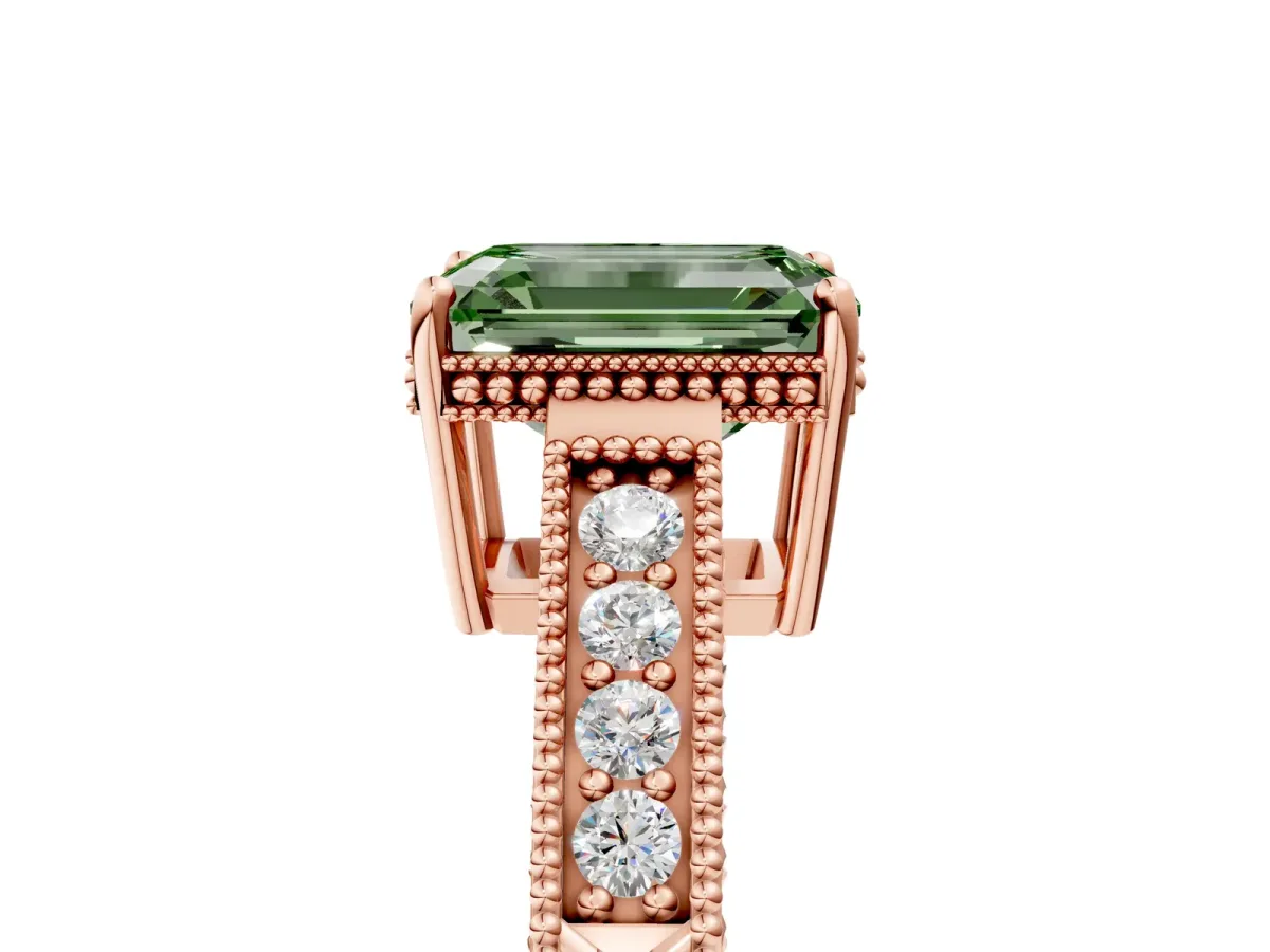 Fancy Green Emerald Cut Cut Diamond Milgrain Pave Band Four-Prong Setting Ring Rose gold