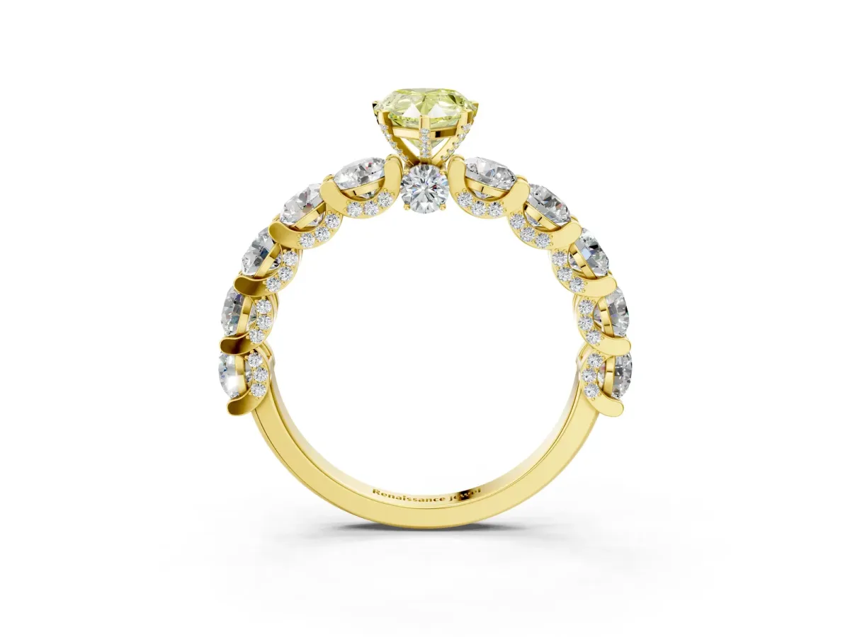 Fancy Yellow Pear Cut Diamond Side Stone Engagement Ring with Four-Prong Setting Yellow gold