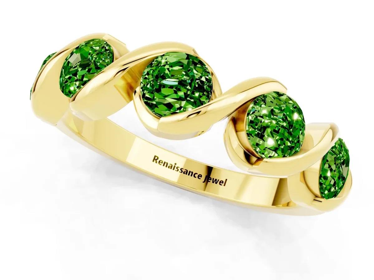 Round Peridot Wave Band with Channel Setting and Shared Prongs Yellow gold