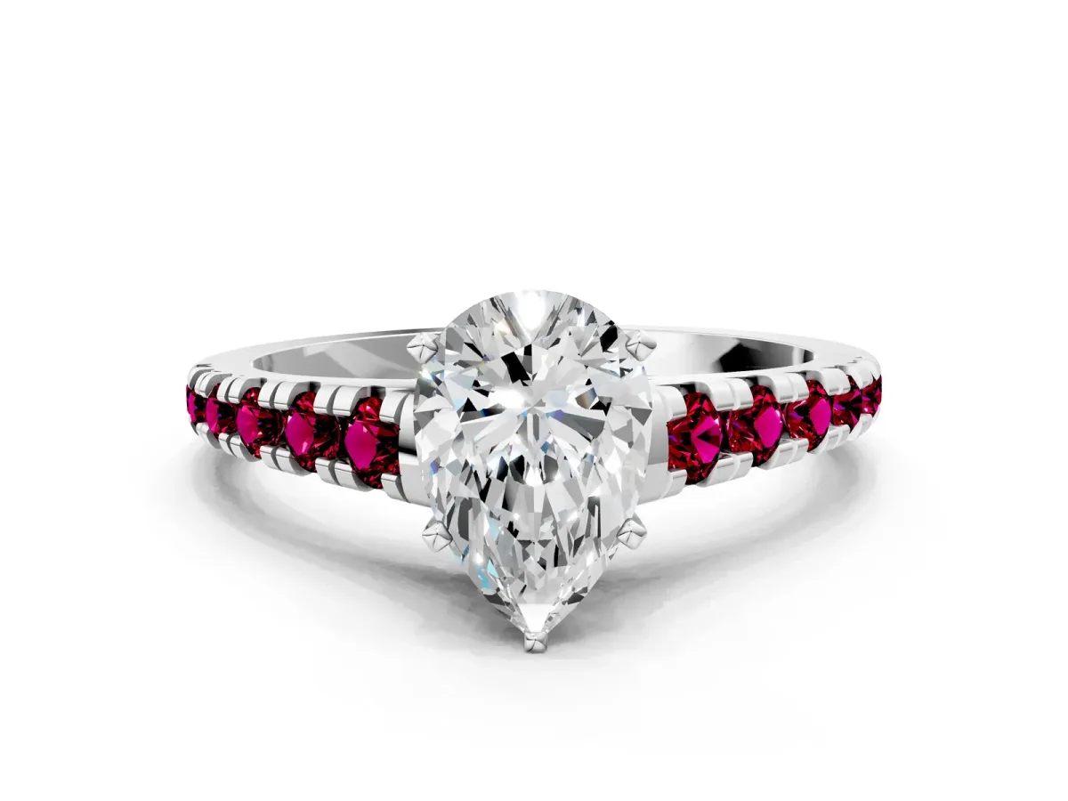 Pear Cut Diamond Cathedral Solitaire Ring with Round Garnet Pavé Band Silver