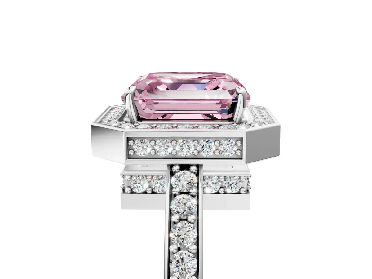 Fancy Pink Asscher Cut Halo Pave Band Solitaire Ring with Prong Setting Platinum