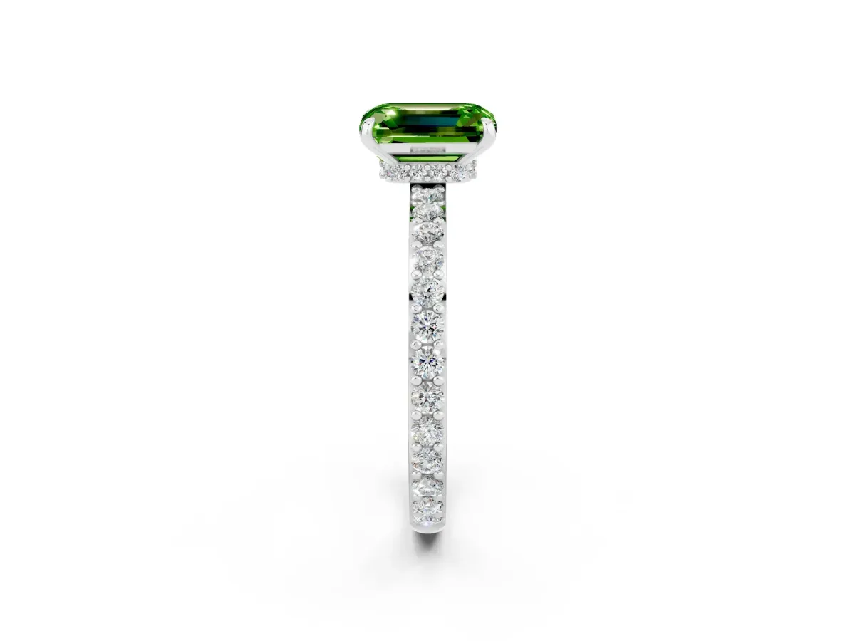 Emerald Cut Peridot Solitaire Engagement Ring with Pavé Band and Four-Prong Setting Silver