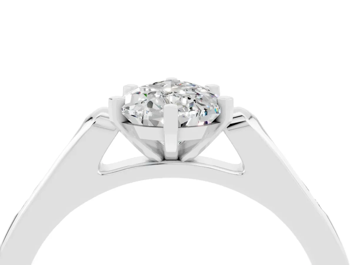 Pear Cut Moissanite Solitaire Ring with Channel Set Round Band and Prong Setting Silver