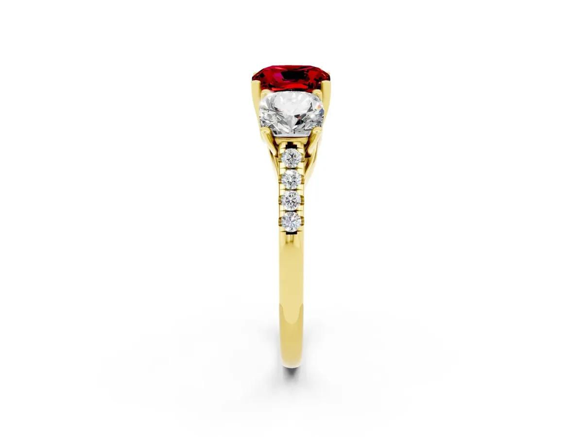 Three-Stone Cushion Cut Ruby Ring with Round Pavé Band and Prong Setting Yellow gold