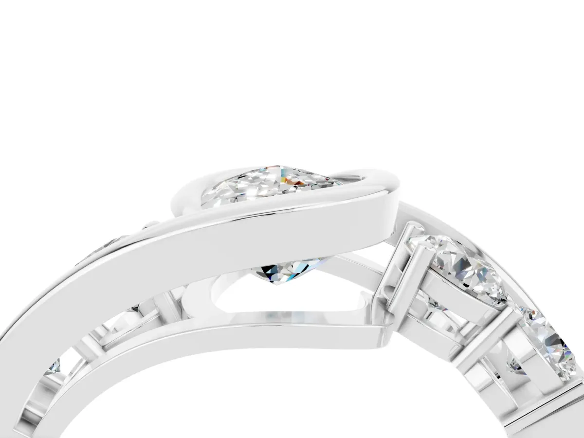 Bezel Set Pear Cut Moissanite Bypass Ring with Round Accents Silver