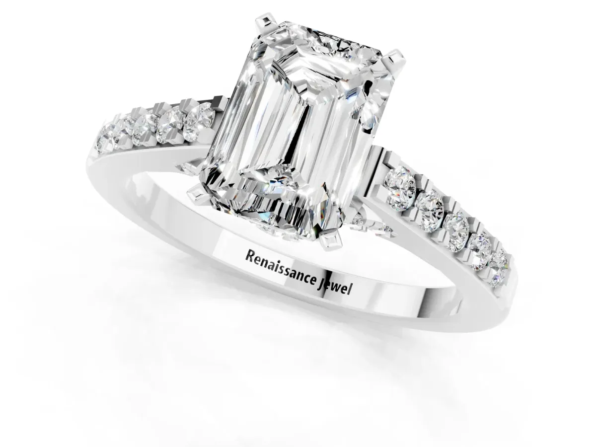 Emerald Cut Moissanite Solitaire Ring with Crossover Gallery and Round Pavé Band Silver