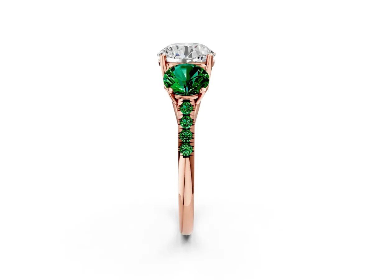 Three-Stone Round Cut Diamond Ring with Round Emerald Pavé Band and Prong Setting Rose gold