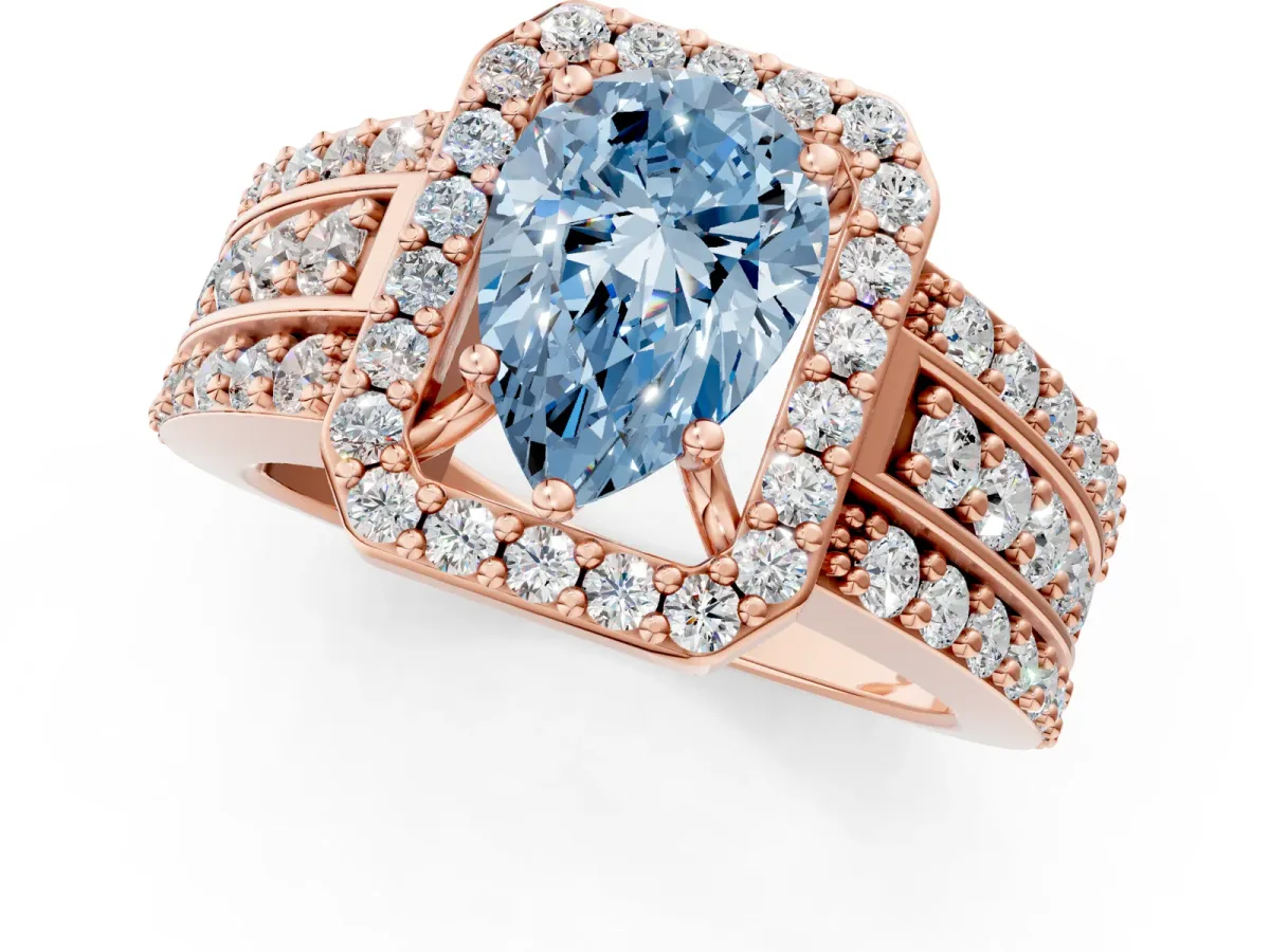 Fancy Blue Pear Cut Halo Diamond Ring with Round Split Shank and Prong Setting Rose gold